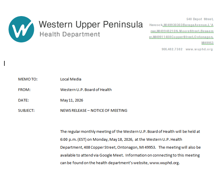 Western U.P. Board of Health Meeting